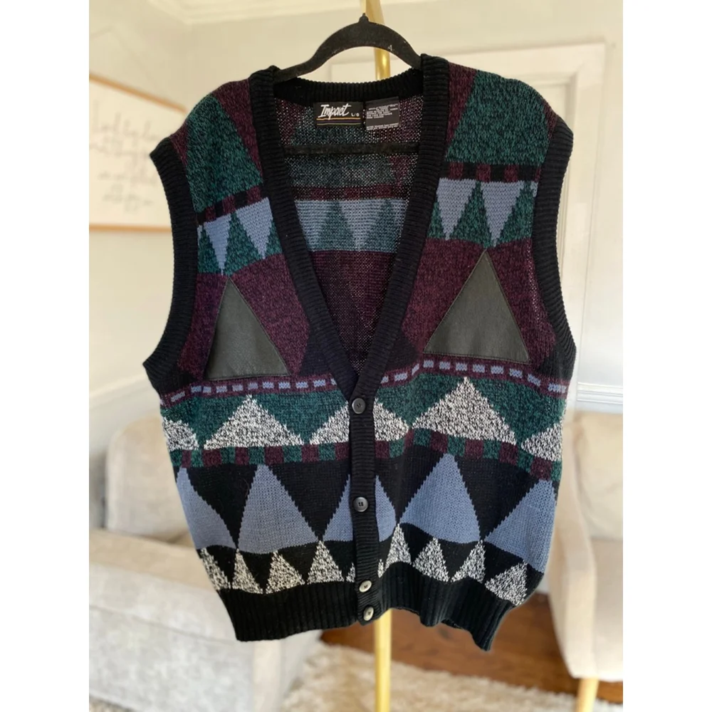 Vintage Impact Geometric Knit Sweater Vest L Leather Trim Korea 90s Heritage
